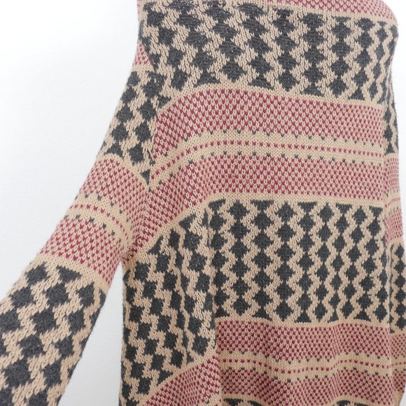 Full Tilt Tan Black Red Boho Print Fringe Uneven Hem Soft Size Small Cardigan - Picture 11 of 13